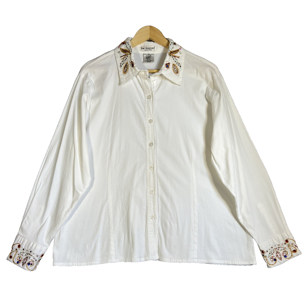 Vtg Lew Magram Shirt Womens 18 White Button Up Beads Sequins Embroidered Western